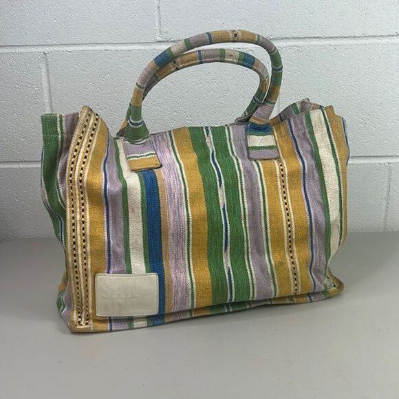 SANDRO Tote Bag In Striped Canvas Shoulder Bag/Purse Yellow Green multi handbag - Picture 3 of 5